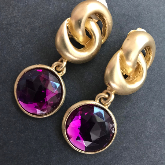 Purple Gold Statement Dangle Drop Clip On Earrings New Old Stock Vintage