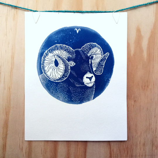 Aries Cyanotype Print - Original Zodiac Illustration