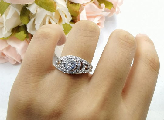 Art Deco Halo Dragonfly Engagement Bridal Ring 925 Sterling Silver Anniversary Promise Wedding Vintage .84Ct Round Diamond Cz
