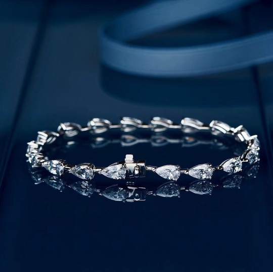 Water Drop Diamond Bracelet, Linked With S925 Silver Plated 18K White Gold Chain. Gift For Her