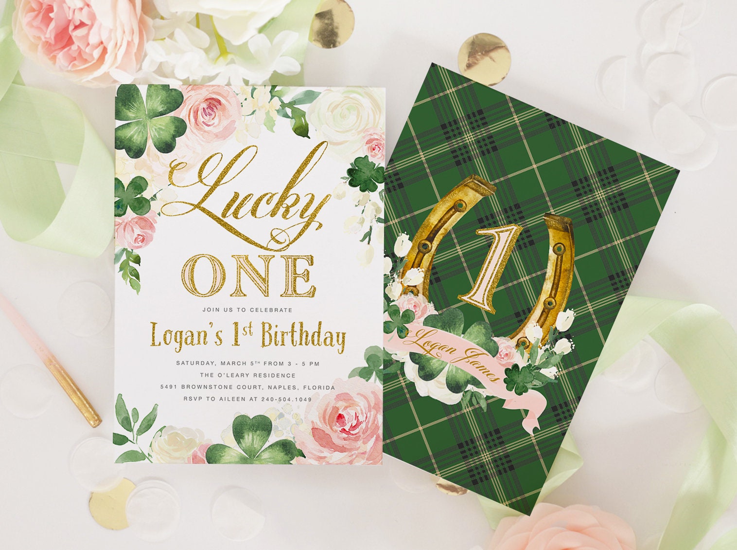Lucky One, Girl 1St Birthday Invitation, St. Patty's Day First Invite, Patrick's Party, Shamrocks, Clover - Kelly