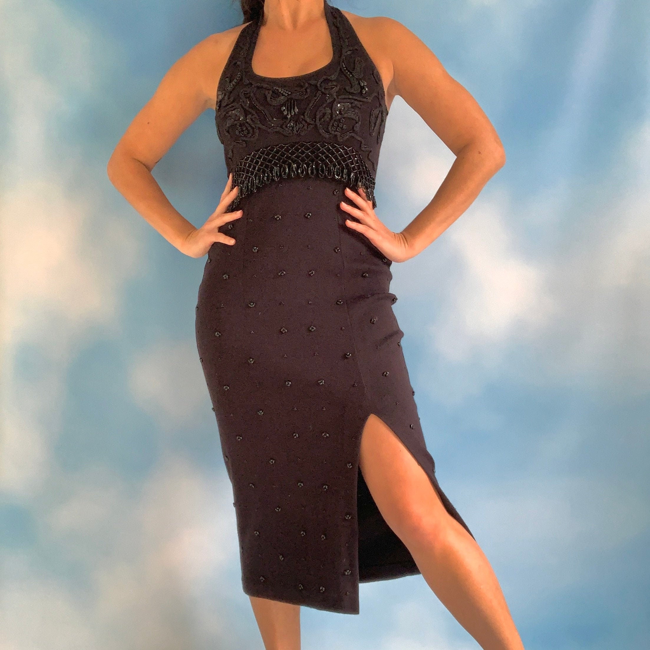 Vintage 90S Black Wool Blend Knit Halter Back Midi Dress With Beaded Fringe Bodice & Front Side Slit | Size Medium