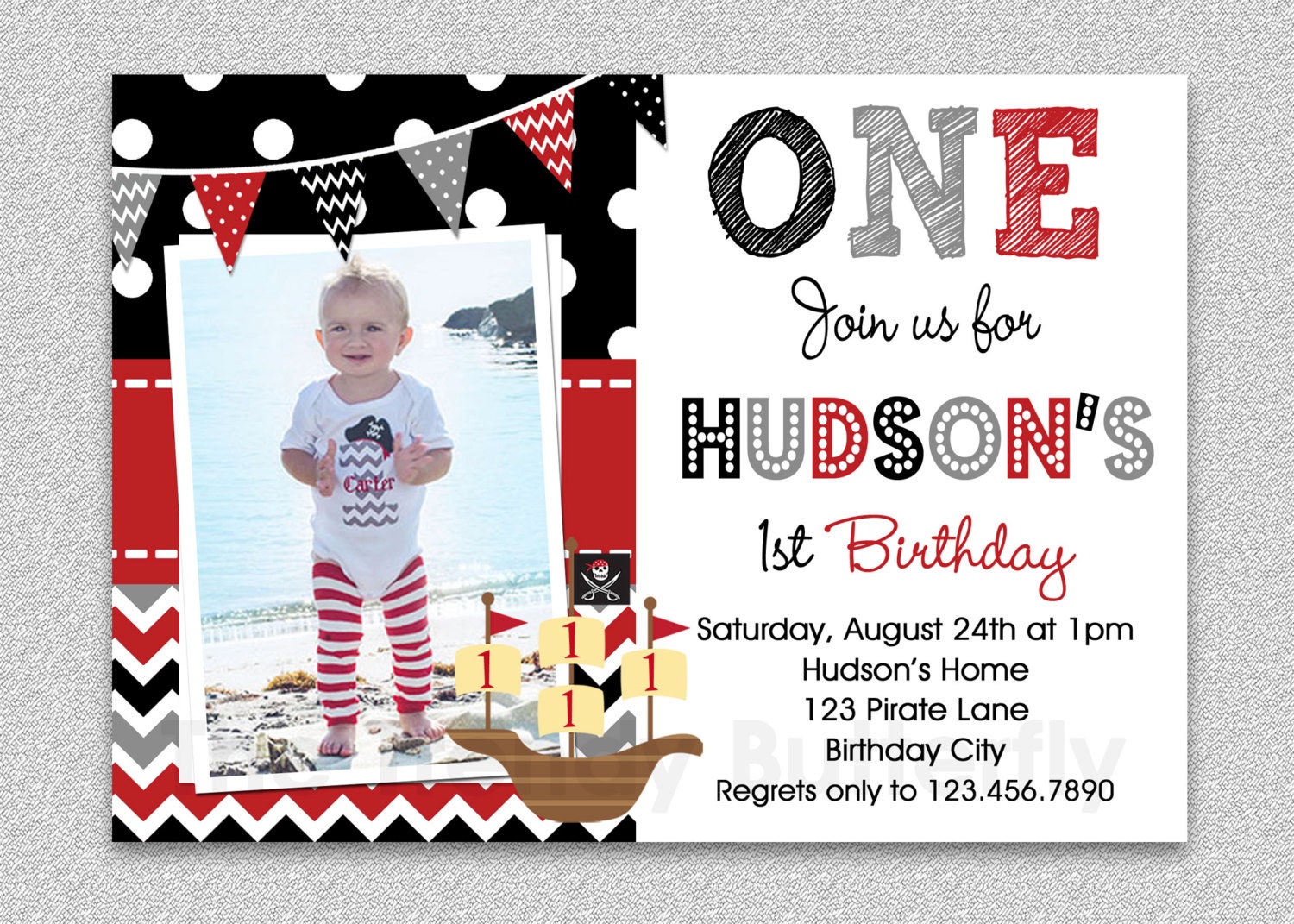 Pirate Birthday Invitation , Boys Party Invitation, 1st