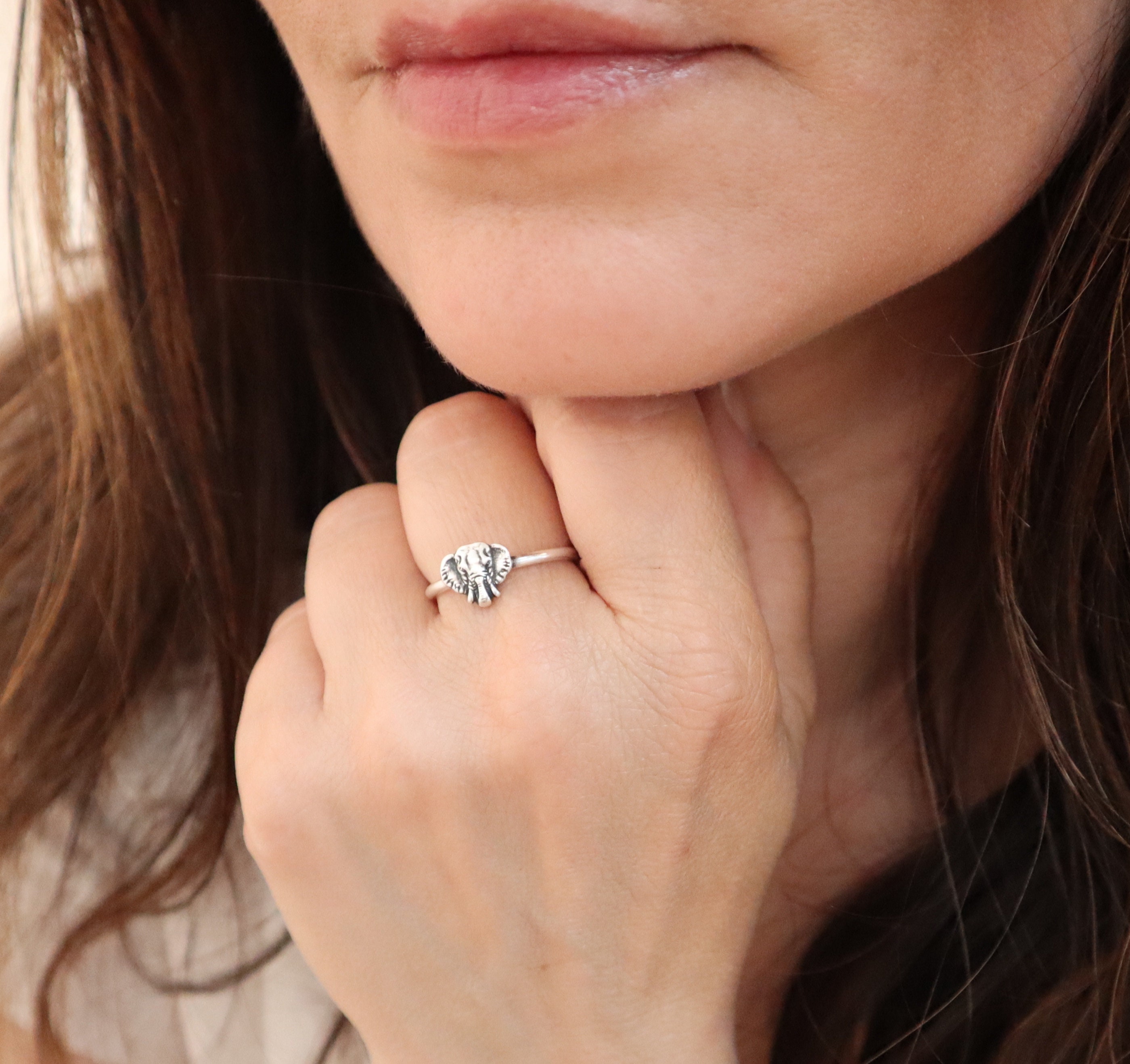 Small Elephant Ring, Skinny Stacking Sterling Silver Finish, 24K Gold Band Ring
