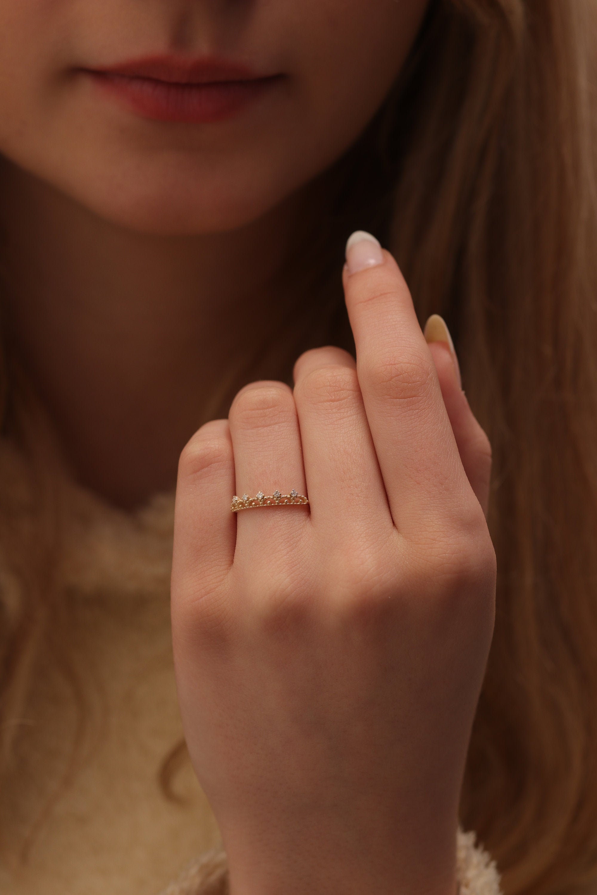 14K & 18K Gold Crown Diamond Ring/Handmade Stackable Available in Gold, Rose White