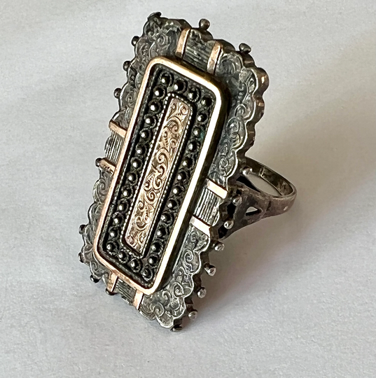 Large Antique Aesthetic Movement Ring in Sterling & Rose Gold, Size 7