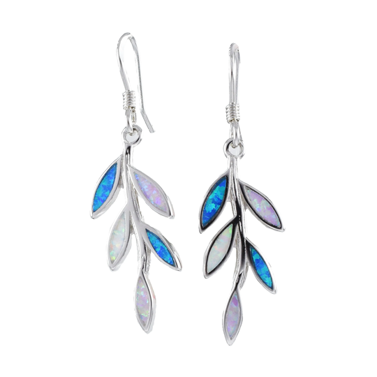 Unique Hawaiian Tri-Color Opal Maile Leaf Earring, Sterling Silver Dangle E8905 Birthday Mom Wife Valentine Gift