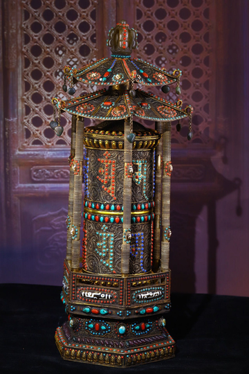 Chinese Antique Pure Hand Filigree Tibetan Silver Inlaid Gemstones, Crystals, Prayer Wheel Ornaments.89