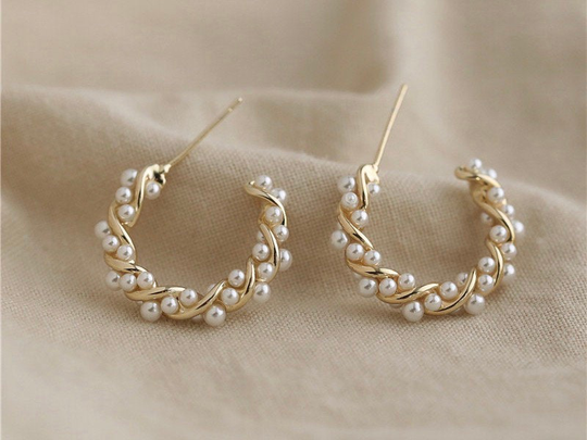 Pearl Twist Hoop Earrings, Tiny Pearl Hoops, Dainty Romantic Earrings