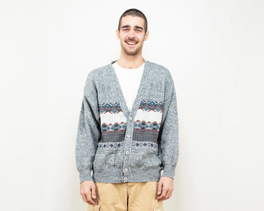 Patterned Men Cardigan 90S Vintage Geometric Pattern Wool Blend Cardigan Knitted Gray Sweater Fisherman Betamenswear Size Medium