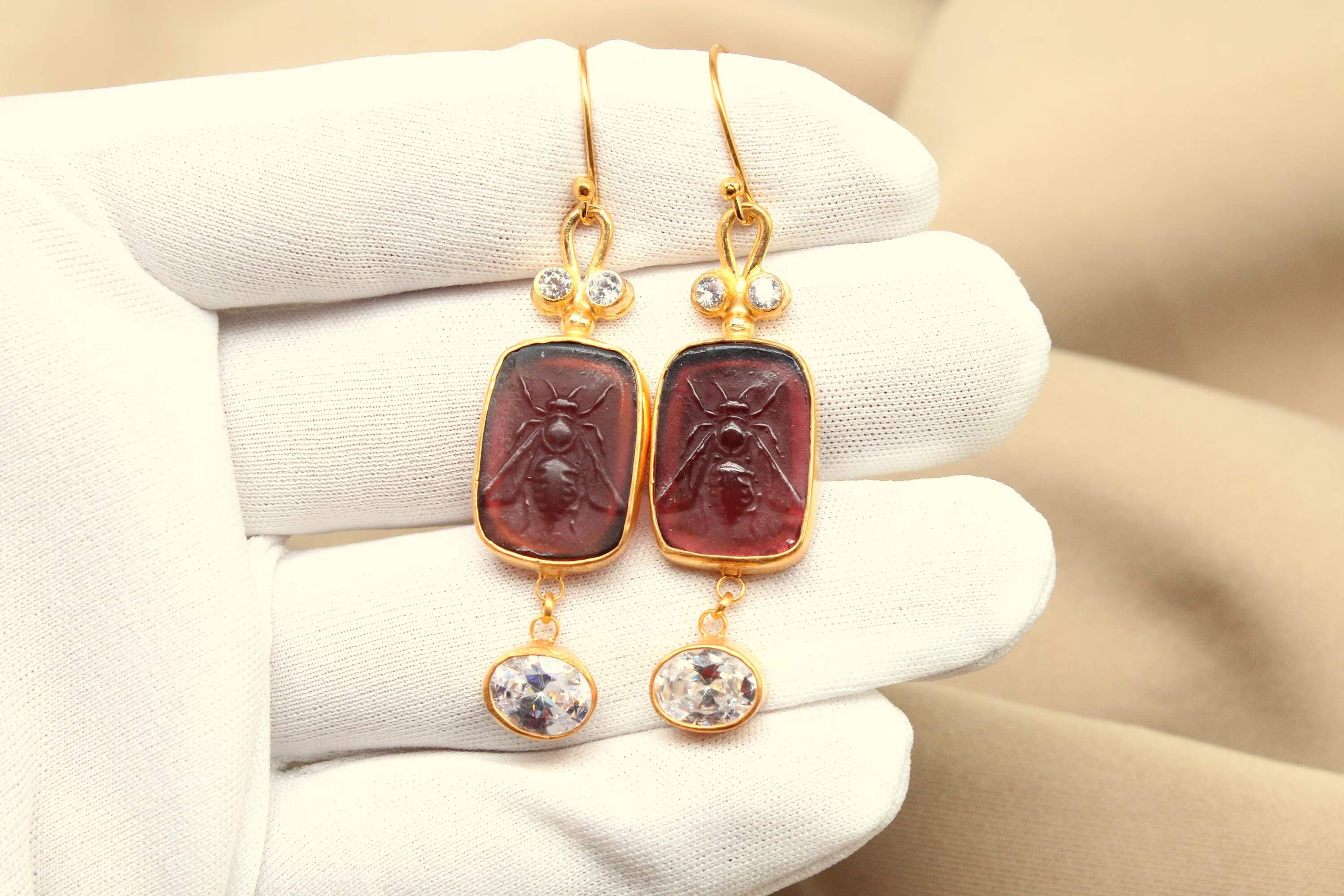 Bee & White Topaz Earrings Silver 925K Sterling Gold Over Dangle Stud Intaglio Cross Zeus