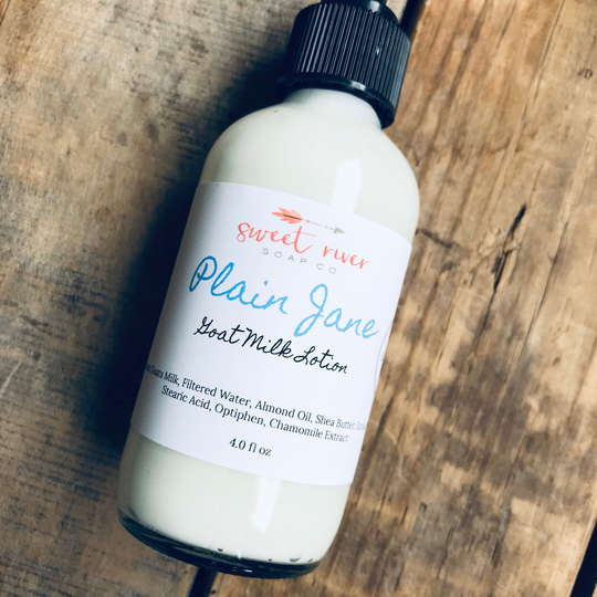 Plain Jane Goats Milk Lotion, Unscented, Fragrance Free, Sweet River Soap Co, 4Oz Boston Glass With Pump