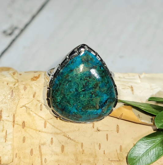 Natural Choice Quality Rare Shattuckite Handmade Pear .925 Sterling Silver Ring Size 6 Grams Face 13/16" X 3/4" Ca17