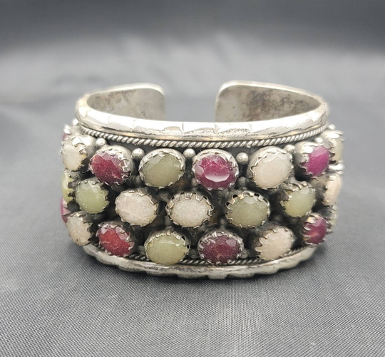 Beautiful Vintage Soild Silver Bangle With Natural Ruby & Greenish Jade Gemstone