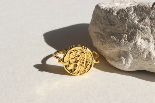 Vermeil Ancient Greek Goddess Nike & Athena Medallion Coin Ring