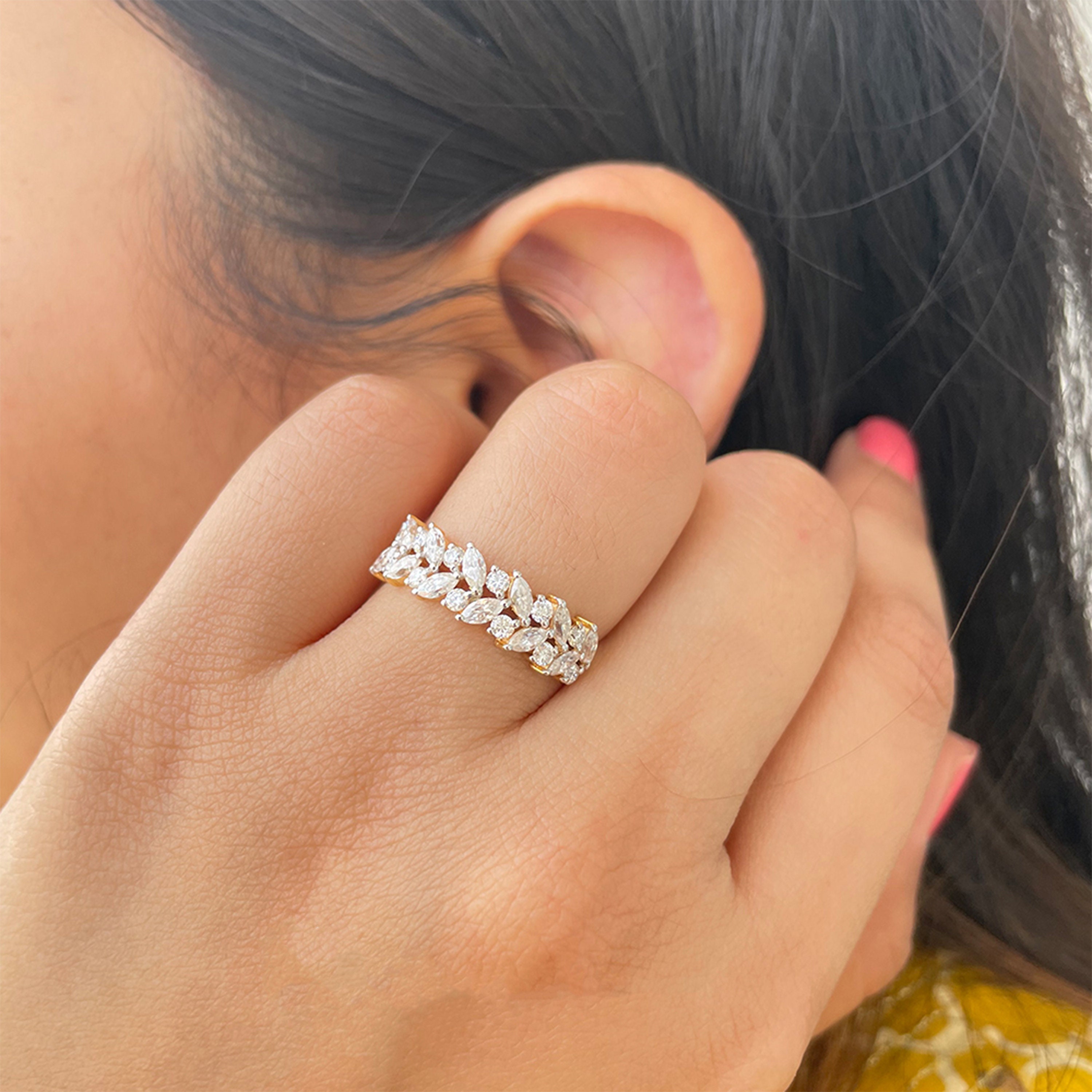 1 Ct Moissanite Cluster Ring, Eternity Band Wedding Band, Round & Marquise