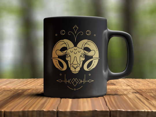 Aries Ram & Horns Solid Gold Black Coffee Mug, 11Oz Premium Quality Gift Idea, Horoscope Mugs, Symbol