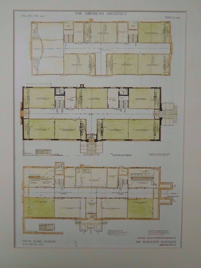 Fifth Ward School, Atlanta, Georgia, 1909, Haralson Bleckley, Architects. Hand Colored, Original Plan, Architecture, Vintage, Antique