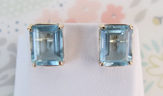 Over 5 Carats Total Natural Blue Aquamarine Emerald Cut 14K Yellow Gold Stud Post Earrings
