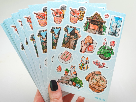 Japan Snacks & Cats Sticker Sheet - Colorful Waterproof Matte Vinyl Japanese Kawaii Foods, Plants, Cute Journal, Hydroflask Stickers