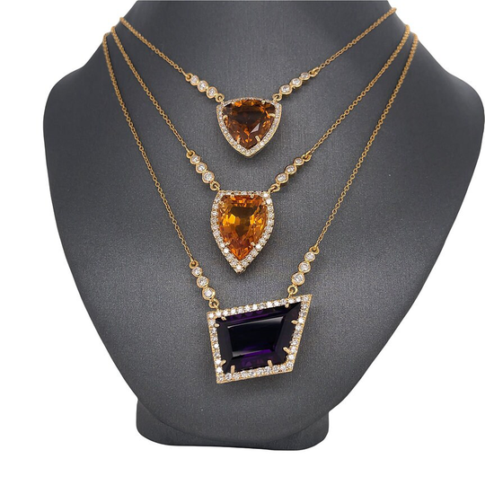 14K Solid Gold, Diamond, Amethyst, Tourmaline, Golden Topaz, Cable Link Chain Necklace