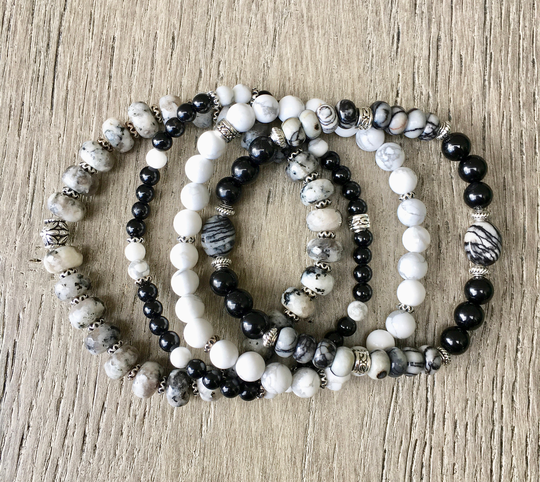 Black Tourmaline, Water Jasper, Gray Jade & Howlite Bracelet Stretch Stack, Natural Stone
