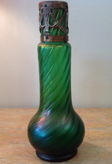 Antique Stolzle, Stöltzle Irridescent Spiraled Glass Vase, Metal Ram's Horn Decoration, Bohemian Glass, Cfr. Loetz, Pallme König, Early1900