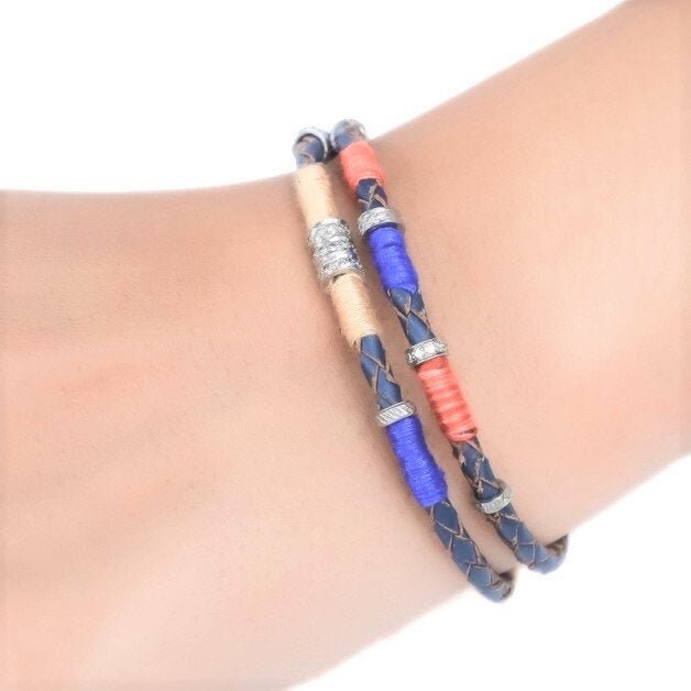 Unisex Silk Bracelet, Braided Leather Bracelet in Silver With Diamonds, Cotton Silk, Diamond Jewelry, Double Wrap Design For