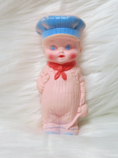 Vintage Baby Squeak Toy-Sun Rubber-Ruth Newton-Pink-1955-Squeek-Train Engineer-Squeak