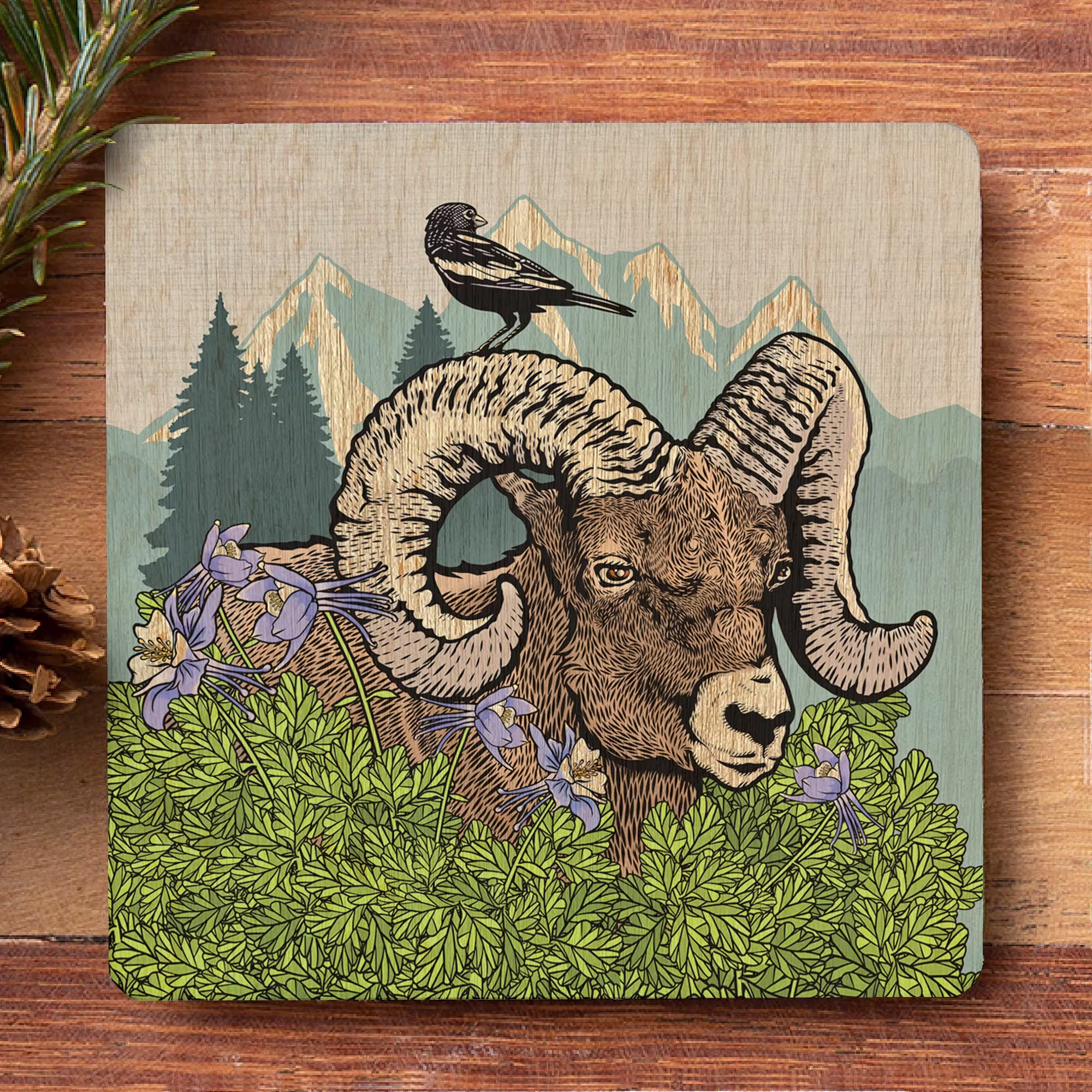 Bighorn Ram Wood Drink Coaster
