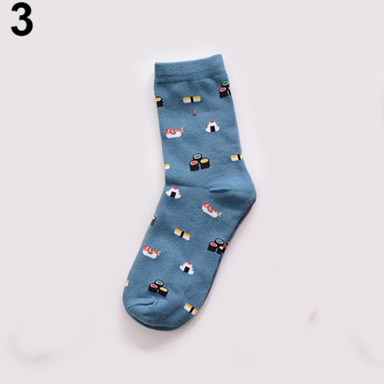 Unisex Fashion Cartoon Food Sushi Fruit Pattern Short Tube Cotton Blend Socks - cyan
