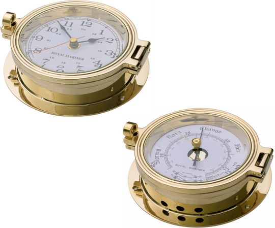 Quiet Brass Clock + Barometer, 140mm | 5.5"Ea Diameter, 2.1Kg | 4.8lb, Free Shipping, 3 Year Warranty
