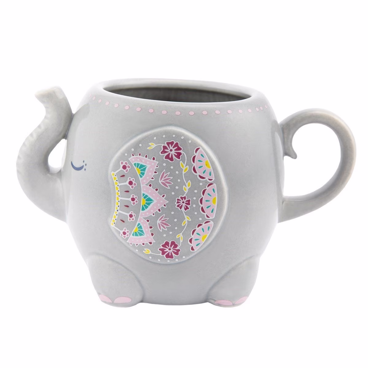 Elephant Shaped Grey Mug With Handle Cup Mandala Art Design Birthday Gift For Tea Coffee Lover Ceramic Animal Pattern