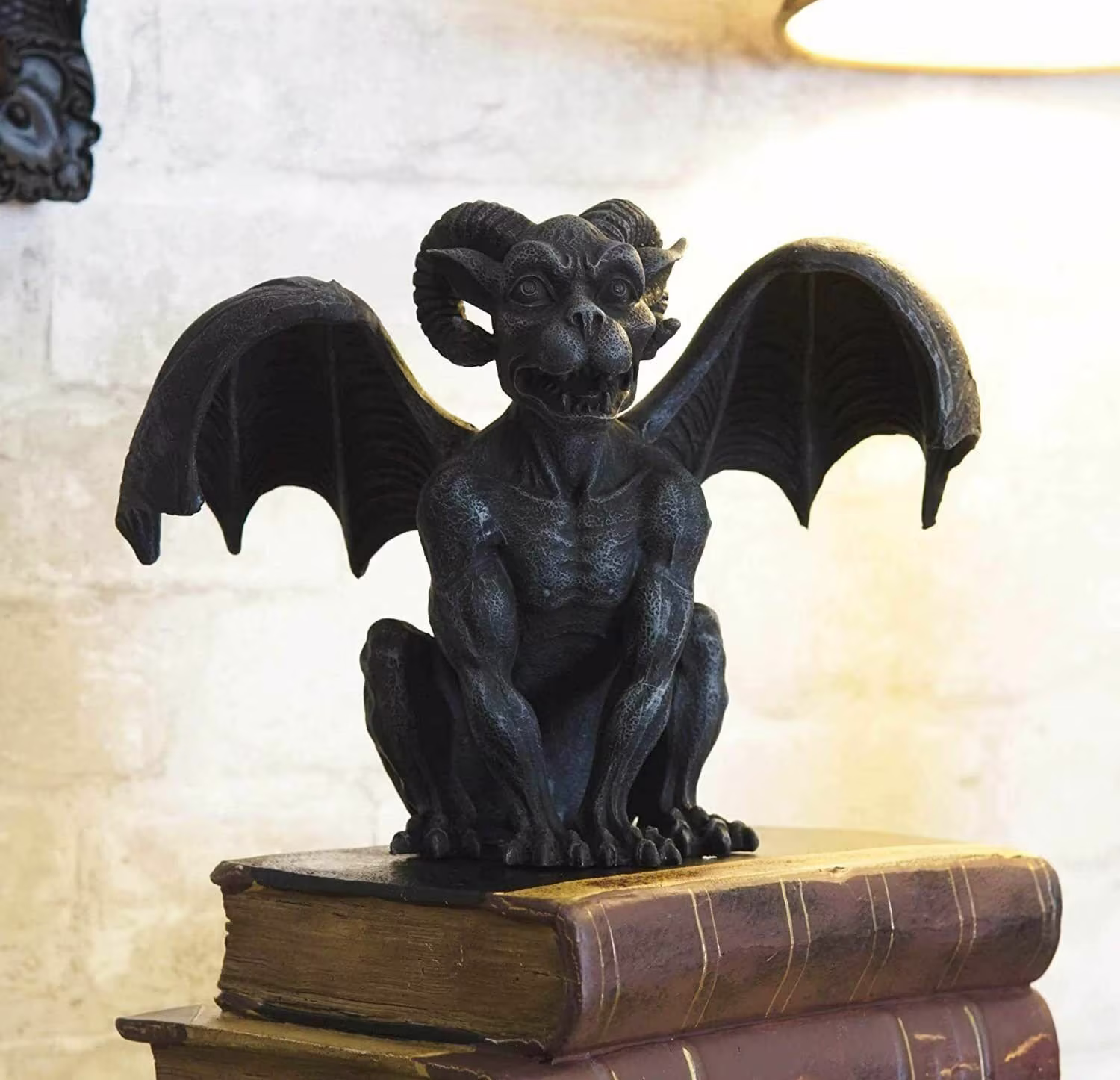 Crouching Ram Horned Gargoyle Statue in Faux Stone Altar Decor Occult Winged Deimos Collectible Satanic Pagan Gothic