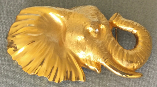 Massive Doreen Ryan Signed 5" Long Elephant's Head Crystal Rhinestone Eye Big Belt Buckle Gold Metal Vintage Designer Runway Couture Animal
