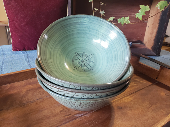 Wheel-Thrown, Celadon Green Large | 40 Fl Oz. Bowls With Botanical Design, Ramen, Soup, Cereal Bowls, Everyday Korean Pottery