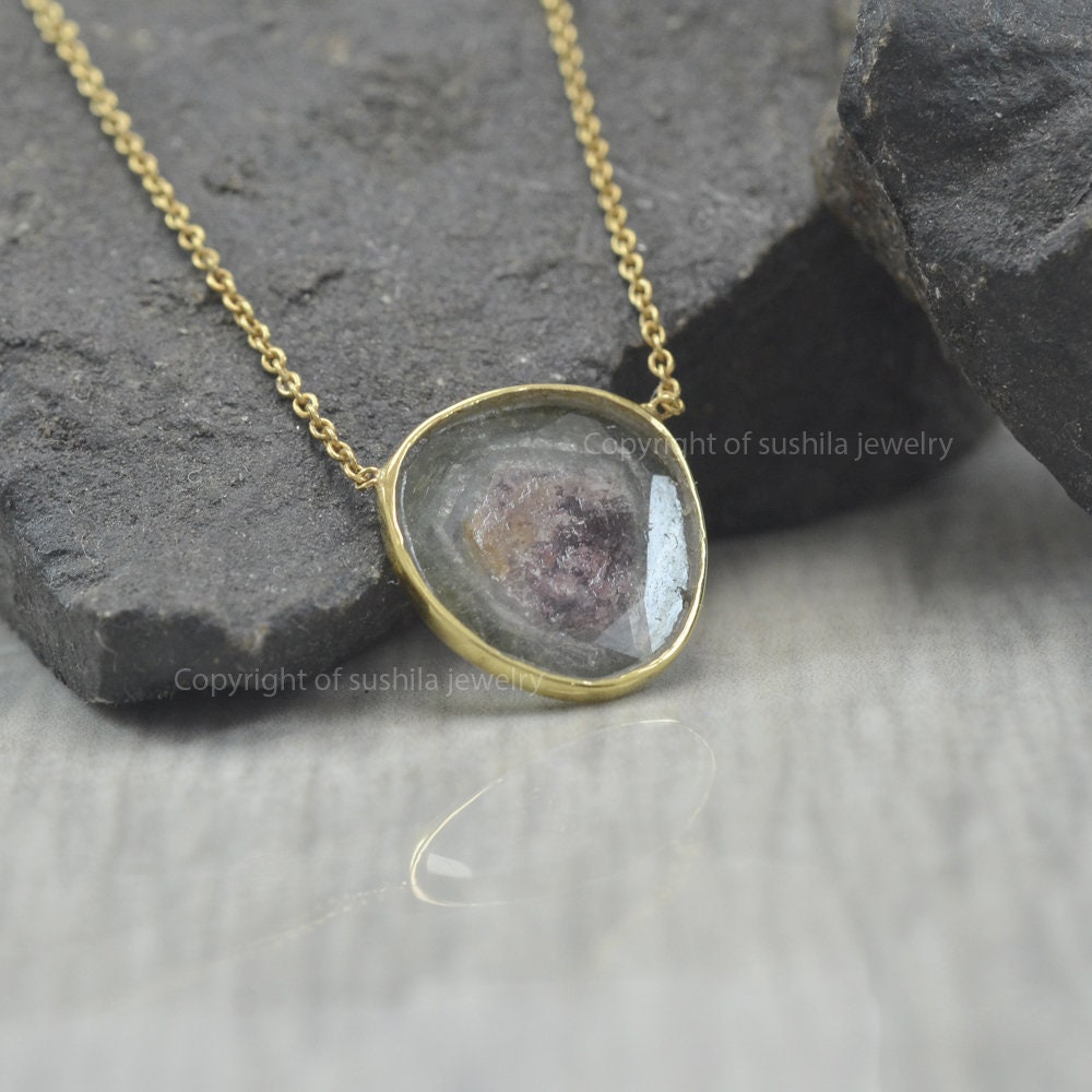 Genuine Watermelon Tourmaline Gemstone Pendant Necklace With Chain Solid 14K Yellow Gold Handmade Minimalist Fine Jewelry Gift For Her