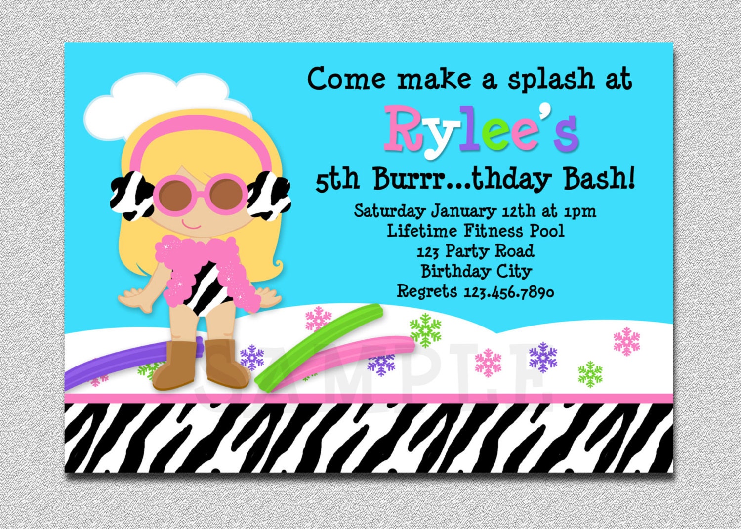 Winter Pool Party Birthday Invitation Boys Girl Printable