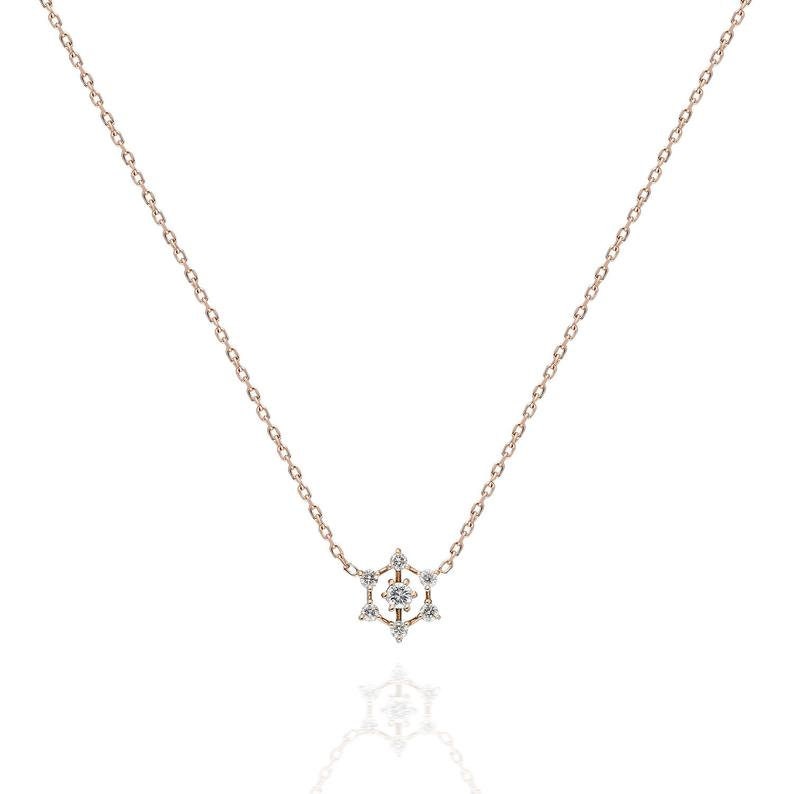 Open Hexagon Diamond Cluster Necklace, 14K Solid Gold 7 Stone Pendant, Unique Geometric Inspired Necklace