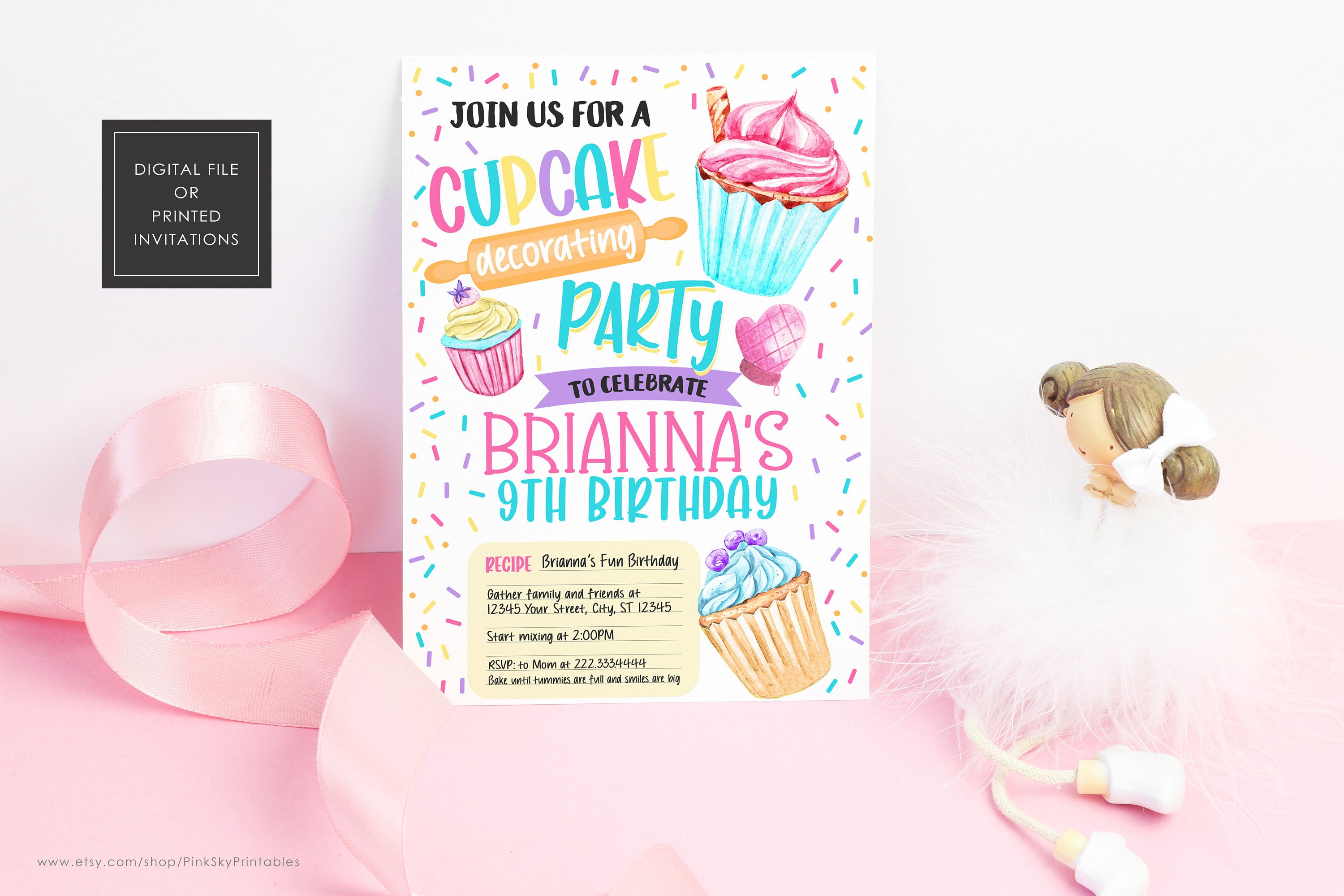 Cupcake Birthday Invitation, Decorating Party Digital Or Printed Invitations, Sprinkles, Baking Girls