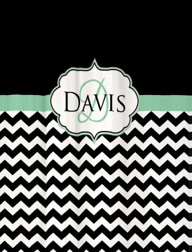 Shower Curtain Chevron Fabric You Choose Colors 70, 74, 78, 84, Or 96 Inch Extra Long Custom Monogram Personalized Shown in Black & Mint