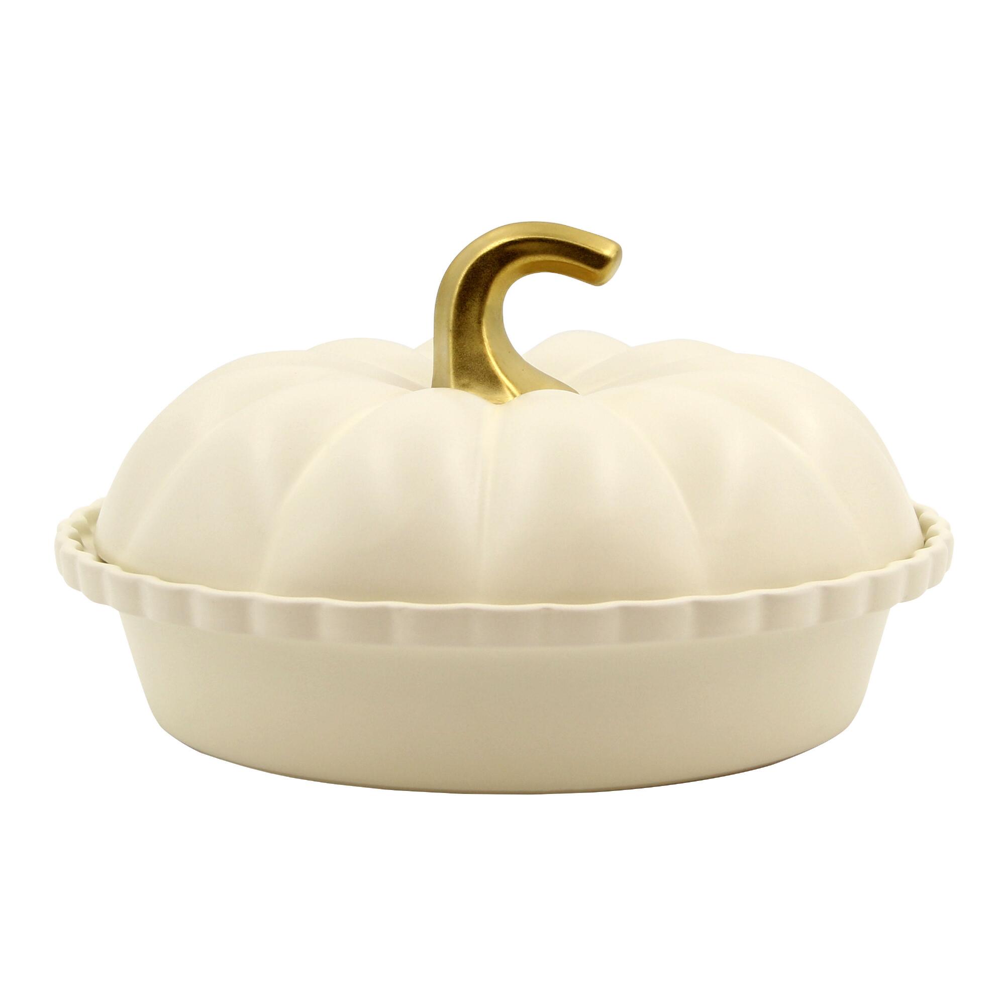 Matte White Ceramic Pumpkin Shaped Deep Pie Dish with Lid by World Market