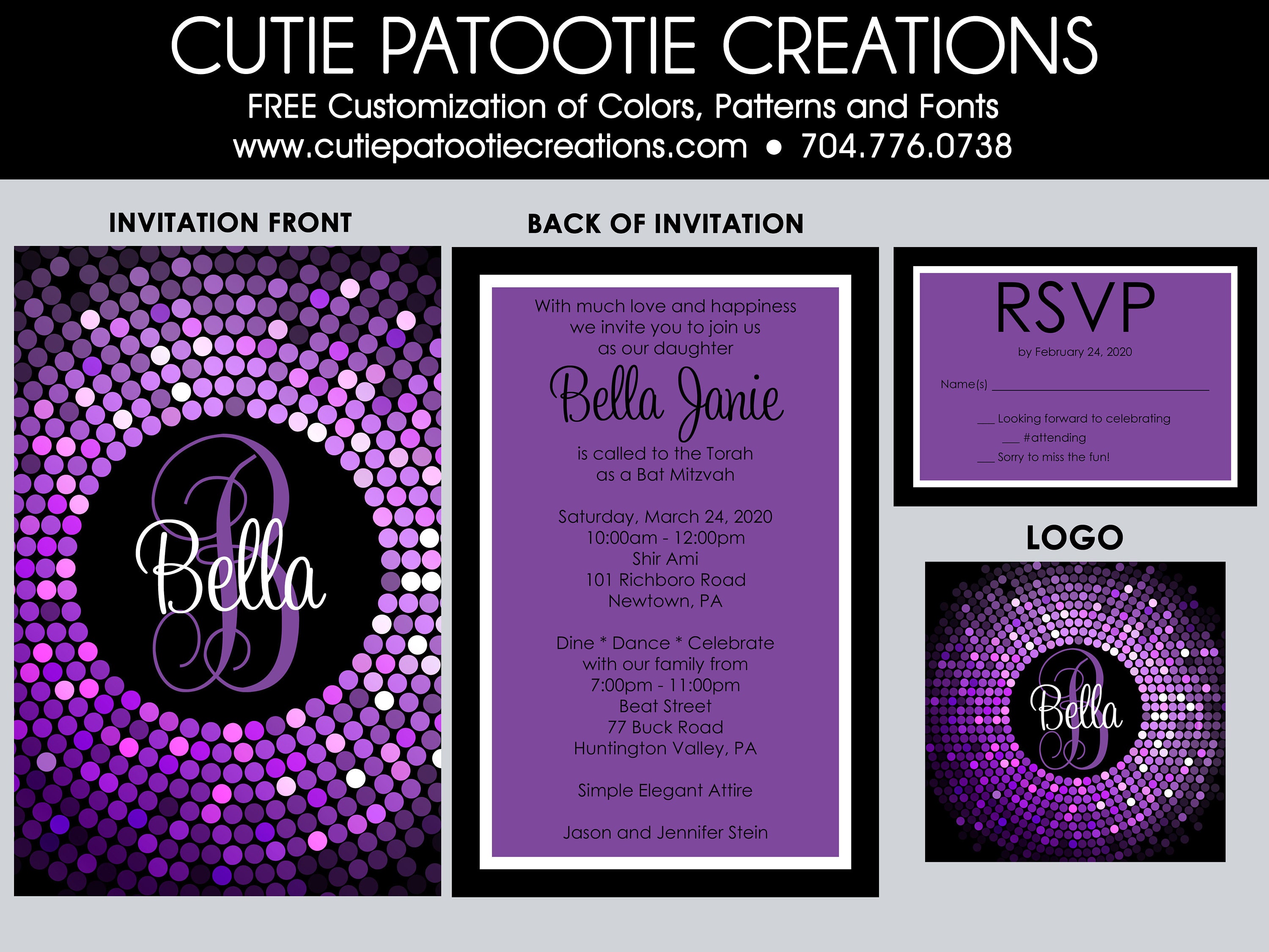 Bat Mitzvah Invitations - Purple, Black, White Confetti Invitation Rsvp Cards, Thank You, Envelope Addressing Custom Colors