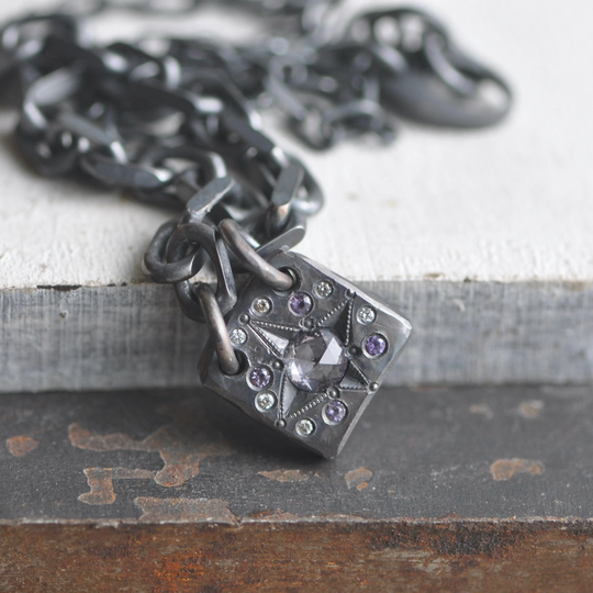 Silver Sapphire Necklace With Diamond Flush Sets, Compass Star, Dark Star Pendant, Hand Wrought