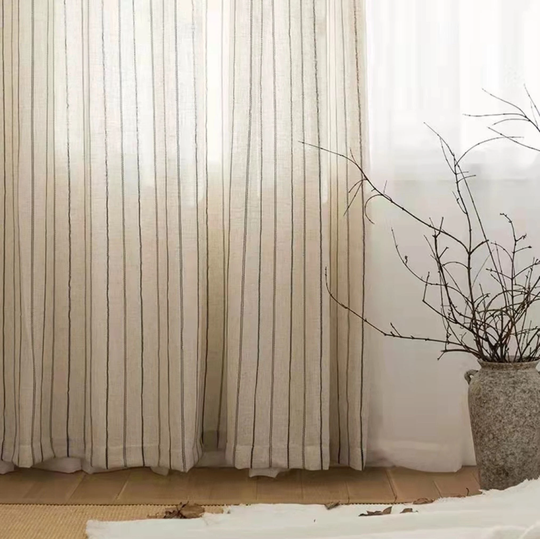 Linen Sheer Curtain|Wabi Sabi Curtain Panel|Blend Black Stripe Farmhouse Window Valance|Custom Made Panel