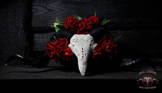 Made To Order Real Ram Skull Big Horns Antlers With Roses, Engraved, Carving Design. Ruby Stones. Headpiece, Photo Session Prop