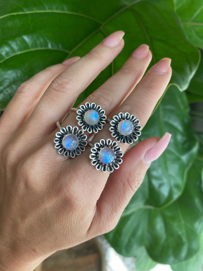 Moonstone Flower Ring, Silver Blue Flash