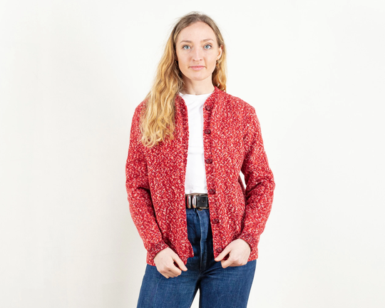 Handmade Red Cardigan Vintage Patterned Button Up Sweater Women Wool Blend Winter Jacket Northerngirlstore Cardigans Size Small