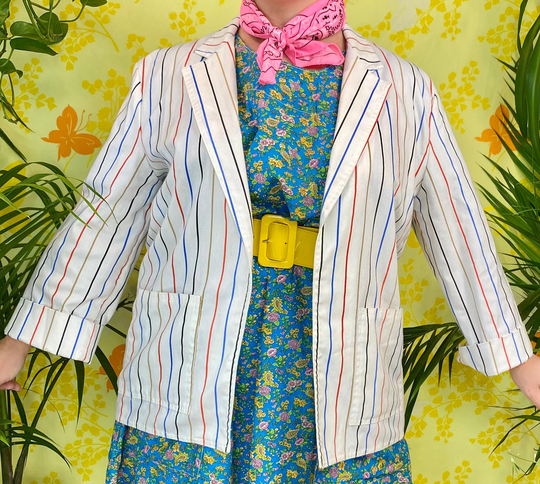 1980S White Striped Cotton Blend Blazer | Extra Large - 2X Xl Xxl Preppy 80S Open Front Light Spring