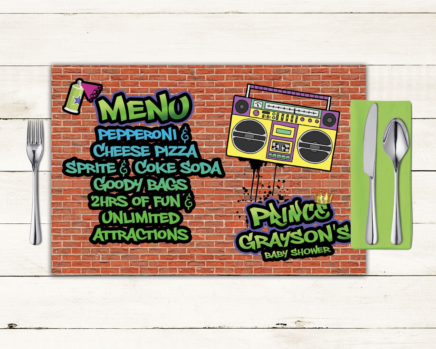 Fresh Prince Baby Shower Digital Placemat Design, Menu, Hip Hop Party Decor, Party Table Decor, Graffiti 90S Party, Printable